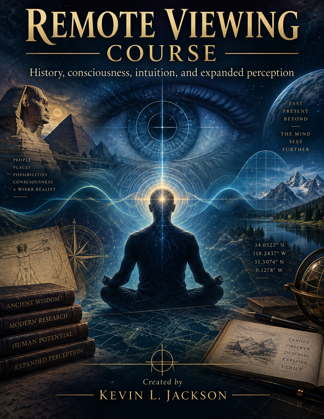 Remote viewing course cover with meditating silhouette, glowing blue light, mountains, books, and stars