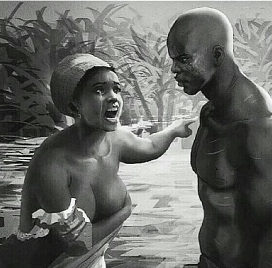 A black and white painting of a man and a woman