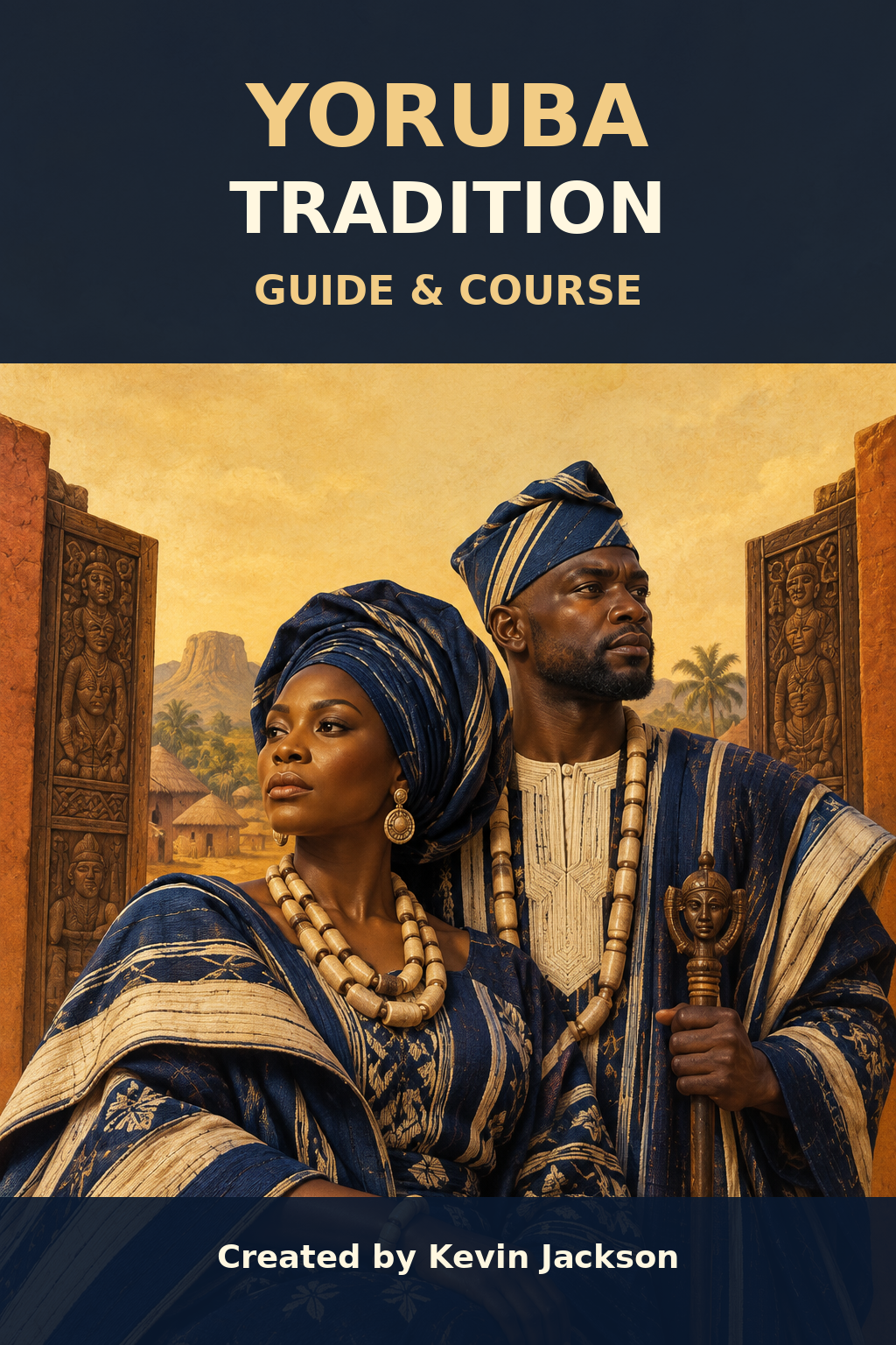 Cover for “Yoruba Tradition Guide & Course” featuring a traditionally dressed couple in blue and gold robes.
