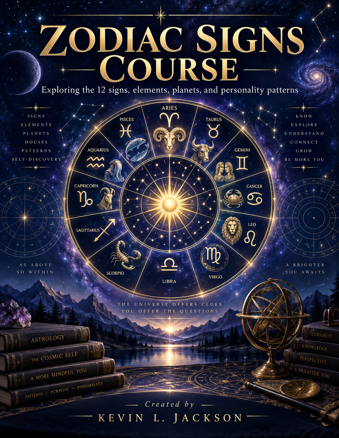 Zodiac Signs Course book cover with a glowing astrological wheel, stars, and stacked books in a dark cosmic scene