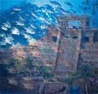 A painting of a castle underwater with a mountain in the background.