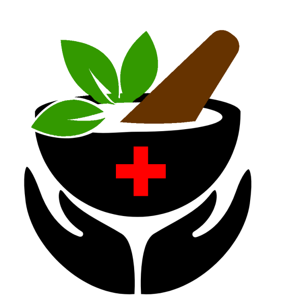A mortar and pestle with leaves and a red cross on it.