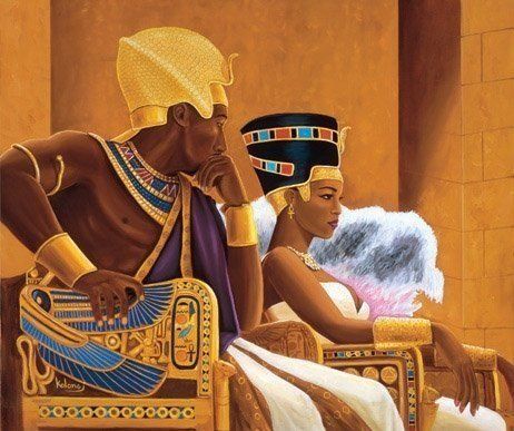 A painting of a man and woman sitting on a throne