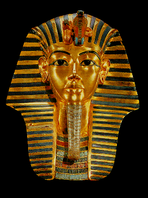 A golden mask of a pharaoh with a crown on top