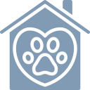 A house with a paw print in the shape of a heart.