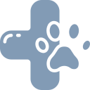 A blue cross with a paw print inside of it.