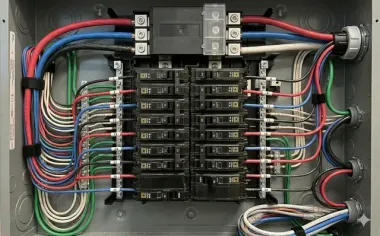 Interior view of an open electrical breaker box with neatly organized red, blue, black, white, and green wiring.