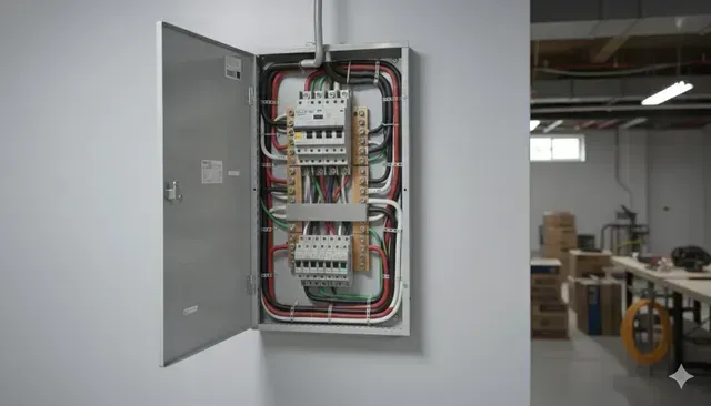 An open gray electrical panel mounted on a white wall in a utility room or workshop with visible internal wiring.