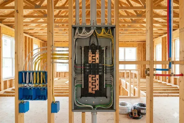 An electrical breaker panel and junction boxes installed in the wooden framing of a house under construction.