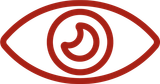 A red eye with a spiral in the middle of it.