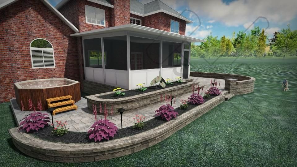 A computer generated image of a house with a screened in porch and a hot tub.
