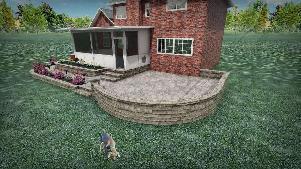 A man and a dog are standing in front of a brick house.