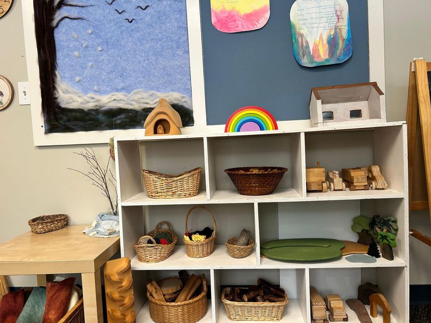 Enchanting classroom shelves with baskets, small toys, and colorful wall art