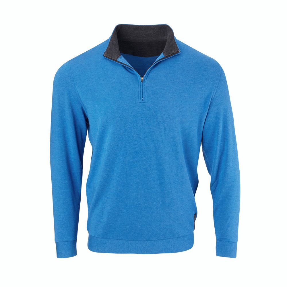 A blue sweater with a black collar and zipper