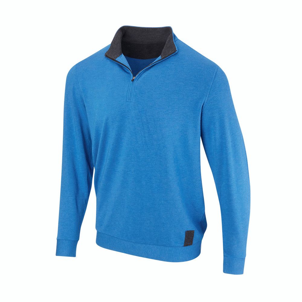 A blue sweater with a black collar and zipper