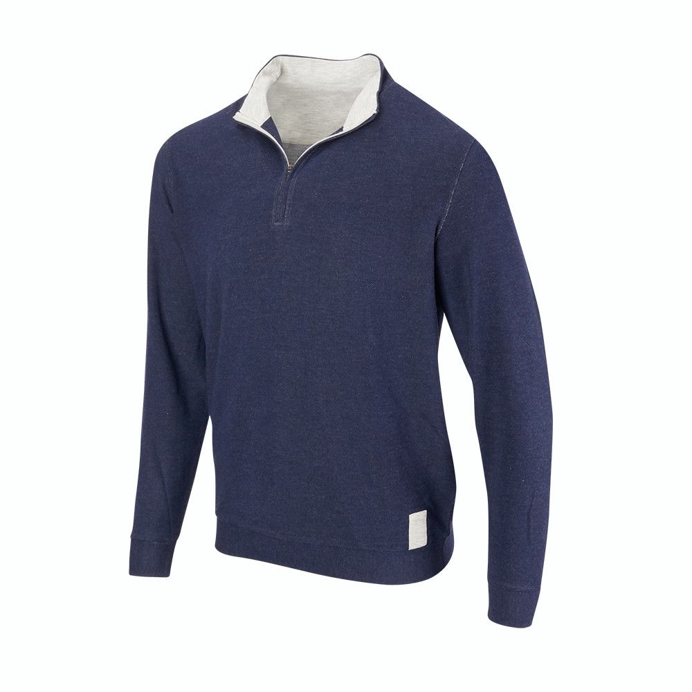 A blue sweater with a white collar and zipper