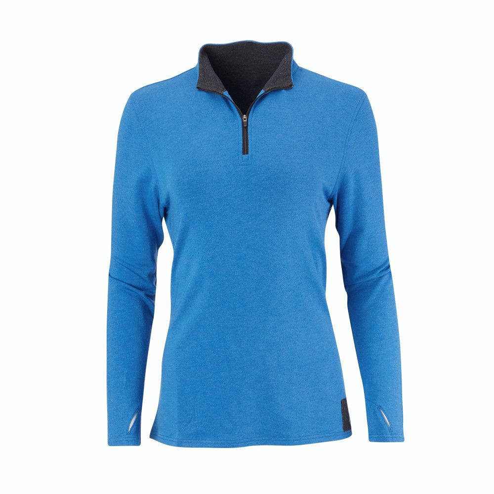 A blue shirt with long sleeves and a black collar