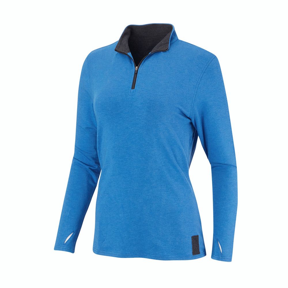 A blue shirt with long sleeves and a black collar