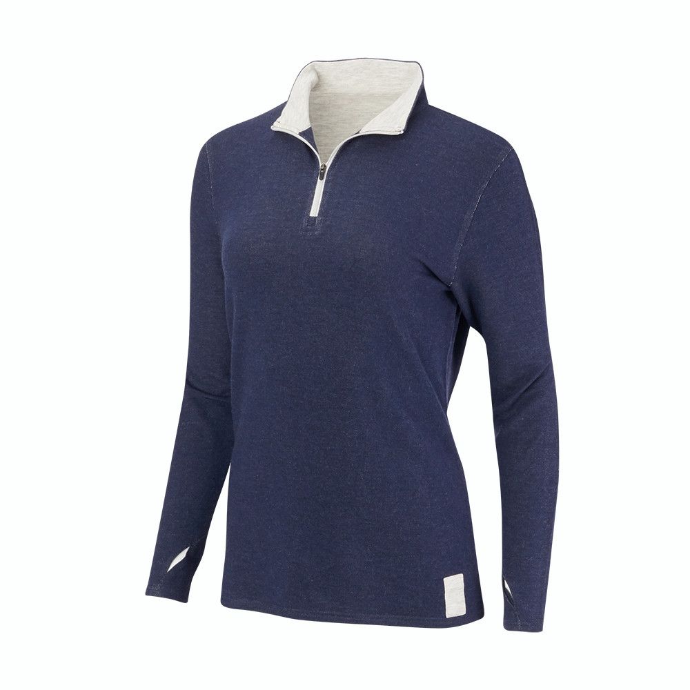 A blue sweater with a white zipper on the front