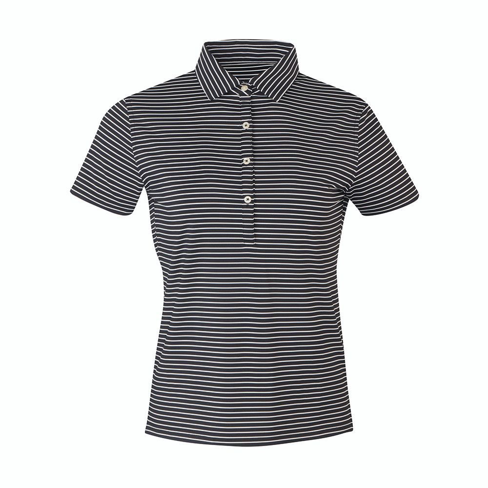 A black and white striped polo shirt with short sleeves