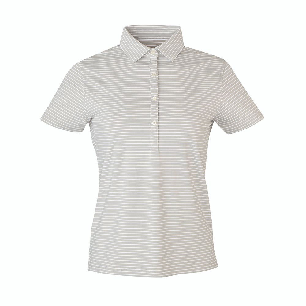 A black and white striped polo shirt with short sleeves
