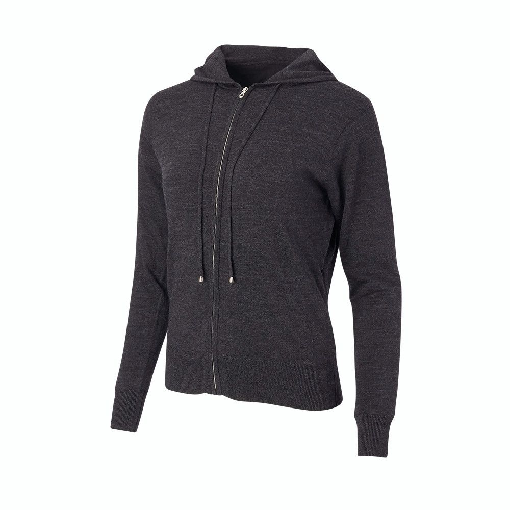 A grey hoodie with a zipper on the front