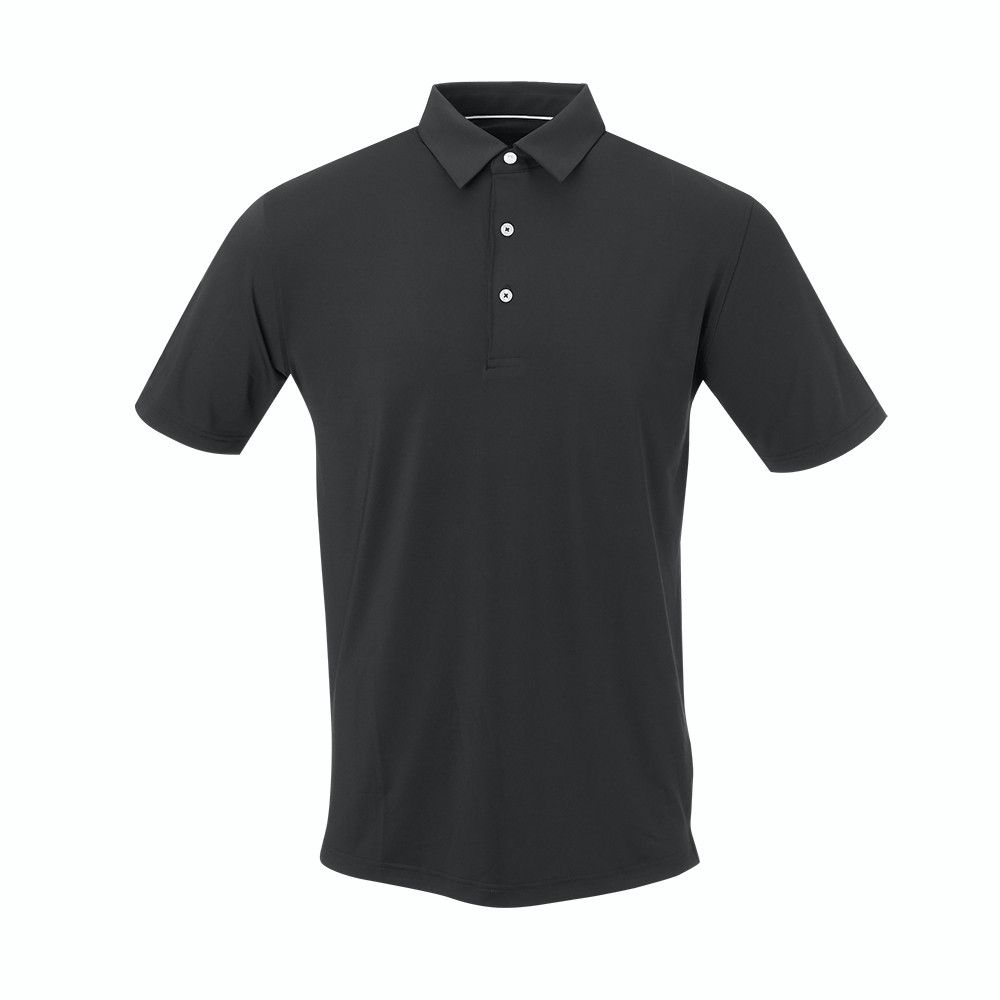 A black polo shirt is shown on a white background