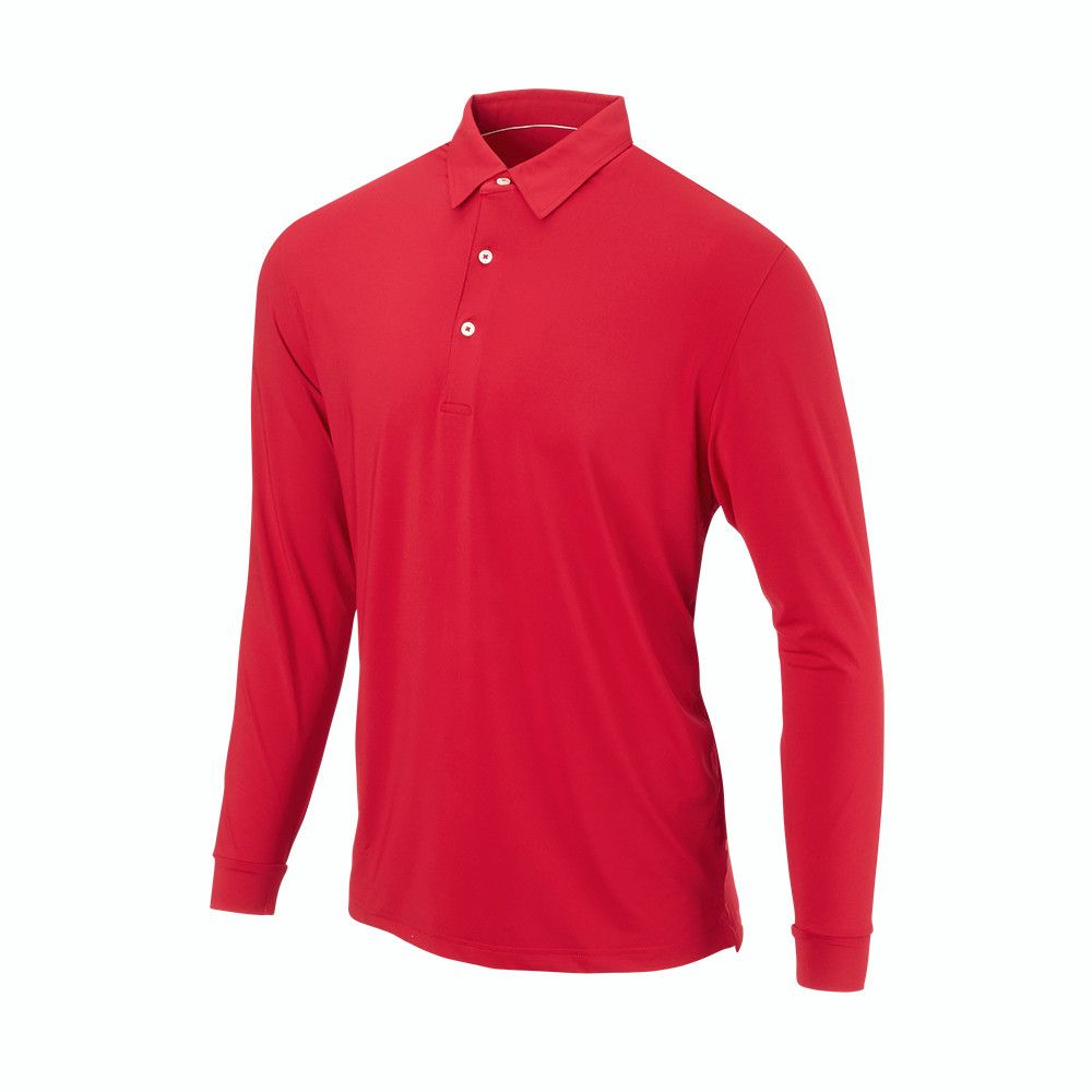 A red polo shirt with long sleeves on a white background