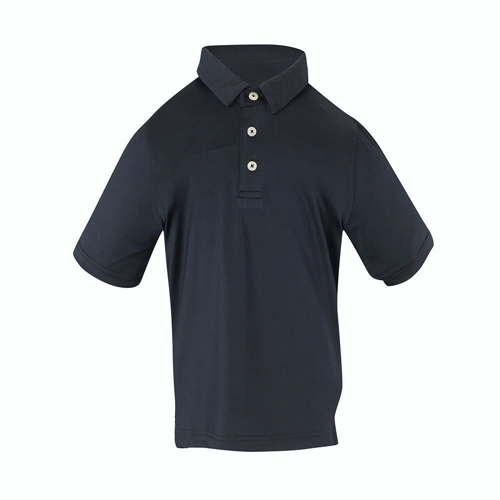 A black polo shirt is shown on a white background