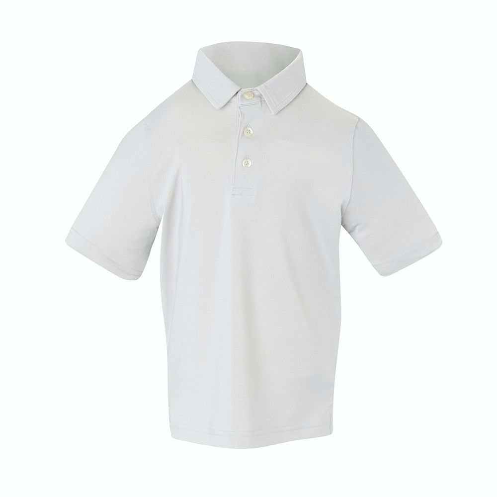 A black polo shirt is shown on a white background