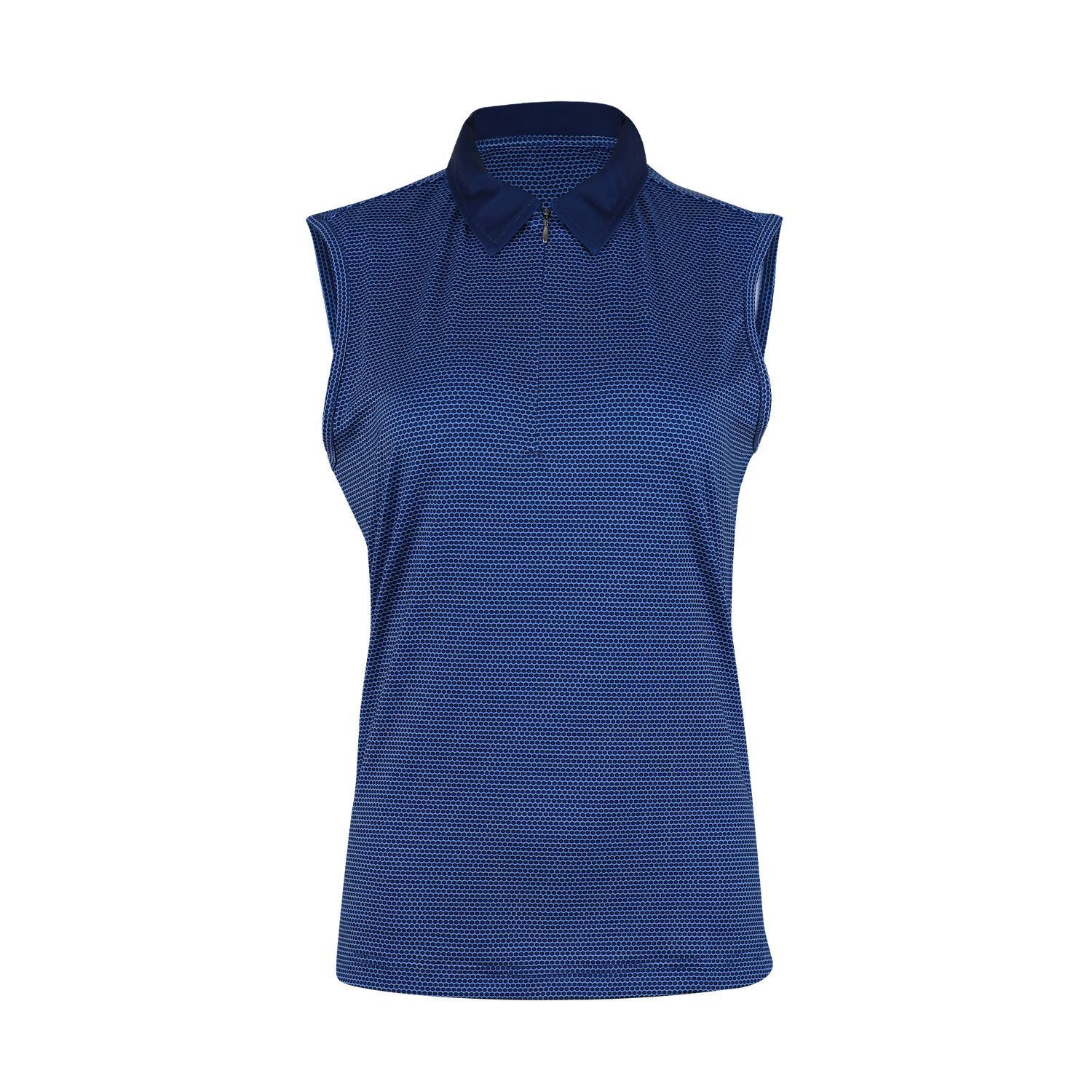 A purple sleeveless polo shirt with a collar and zipper