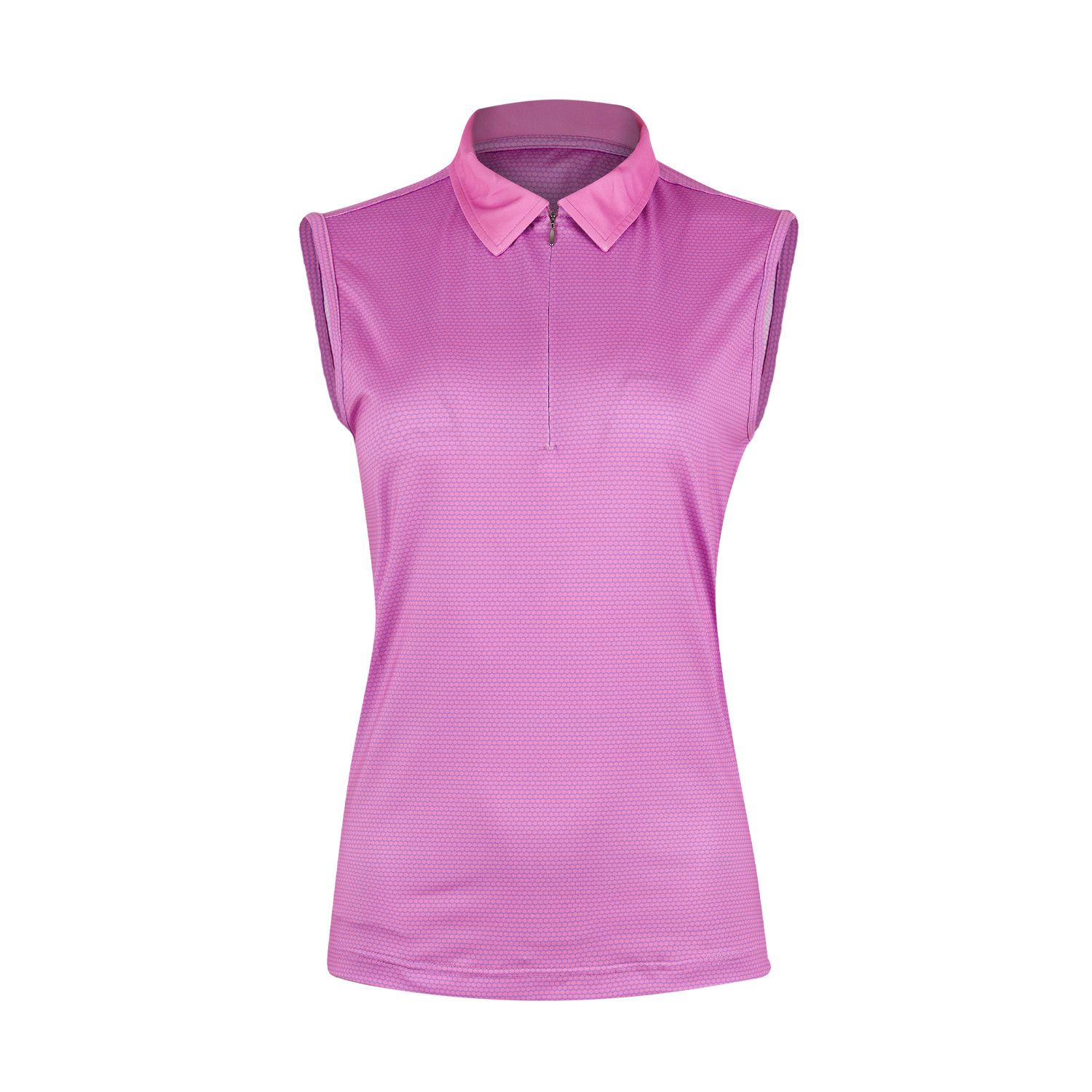 A purple sleeveless polo shirt with a collar and zipper