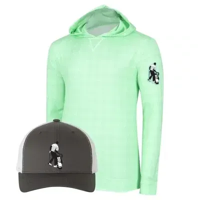 A green hoodie and a blue hat are on a white background.