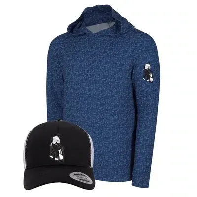 A blue hoodie and a baseball cap are on a white background.