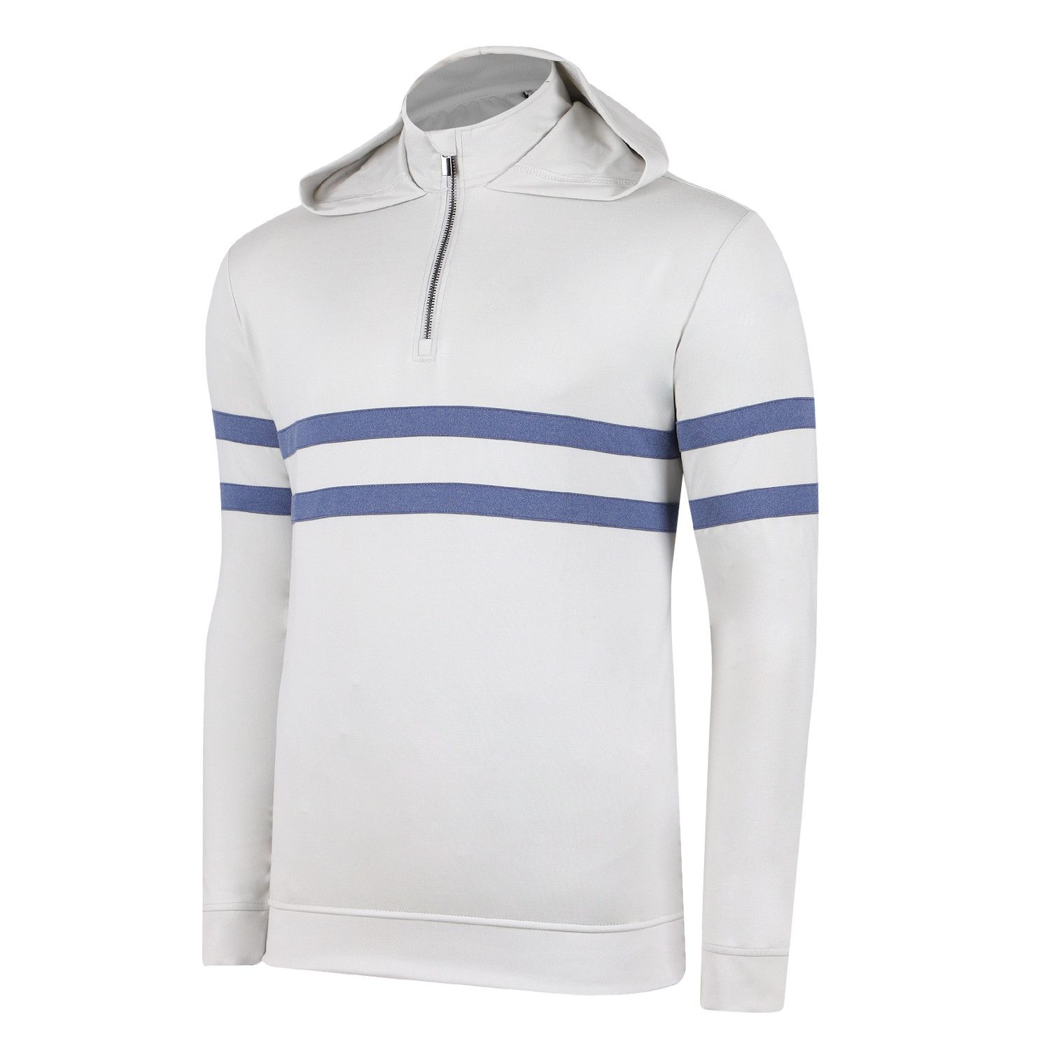 A white sweater with blue stripes and a hood