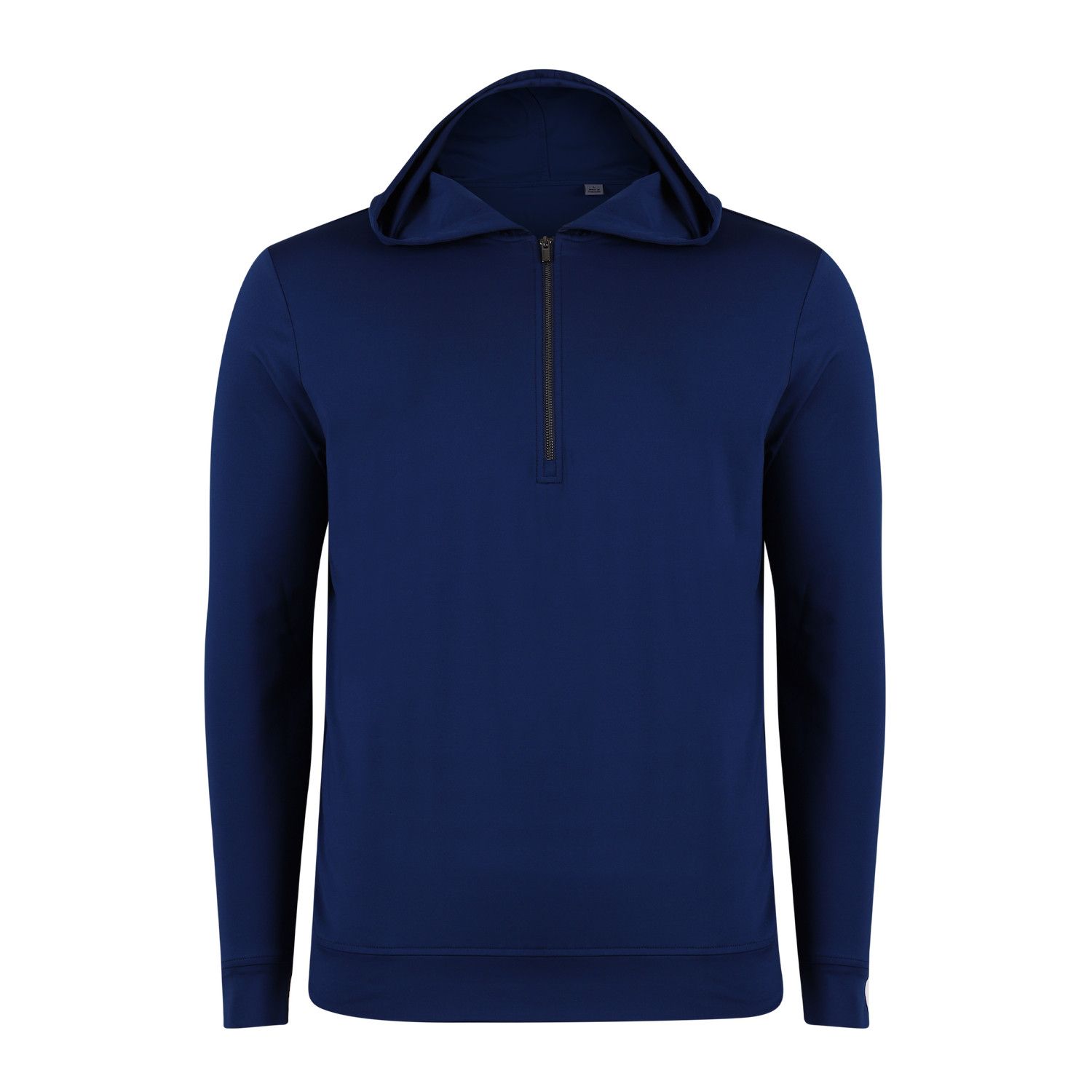 A blue hoodie with a zipper on the front