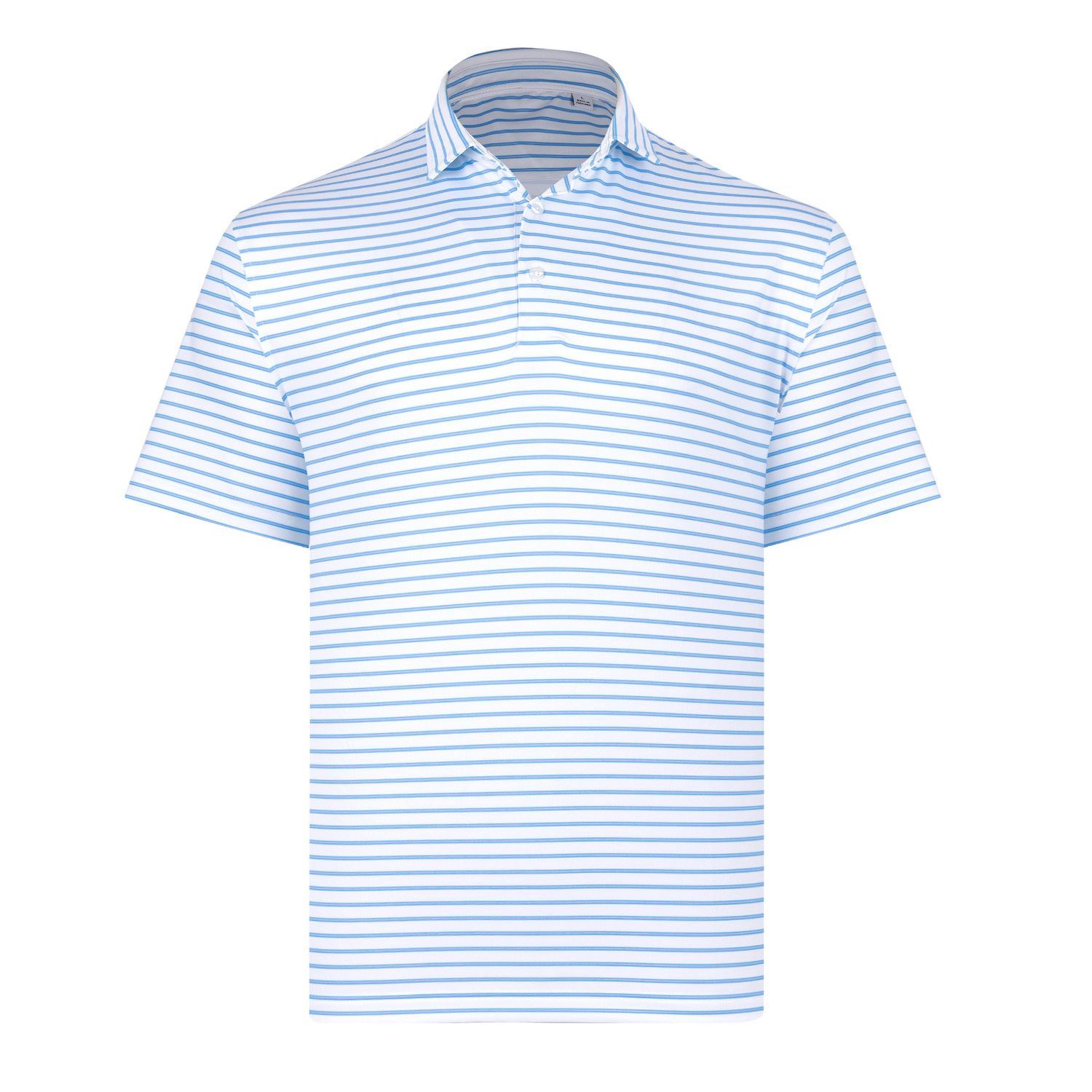 A blue and white striped polo shirt with short sleeves on a white background.