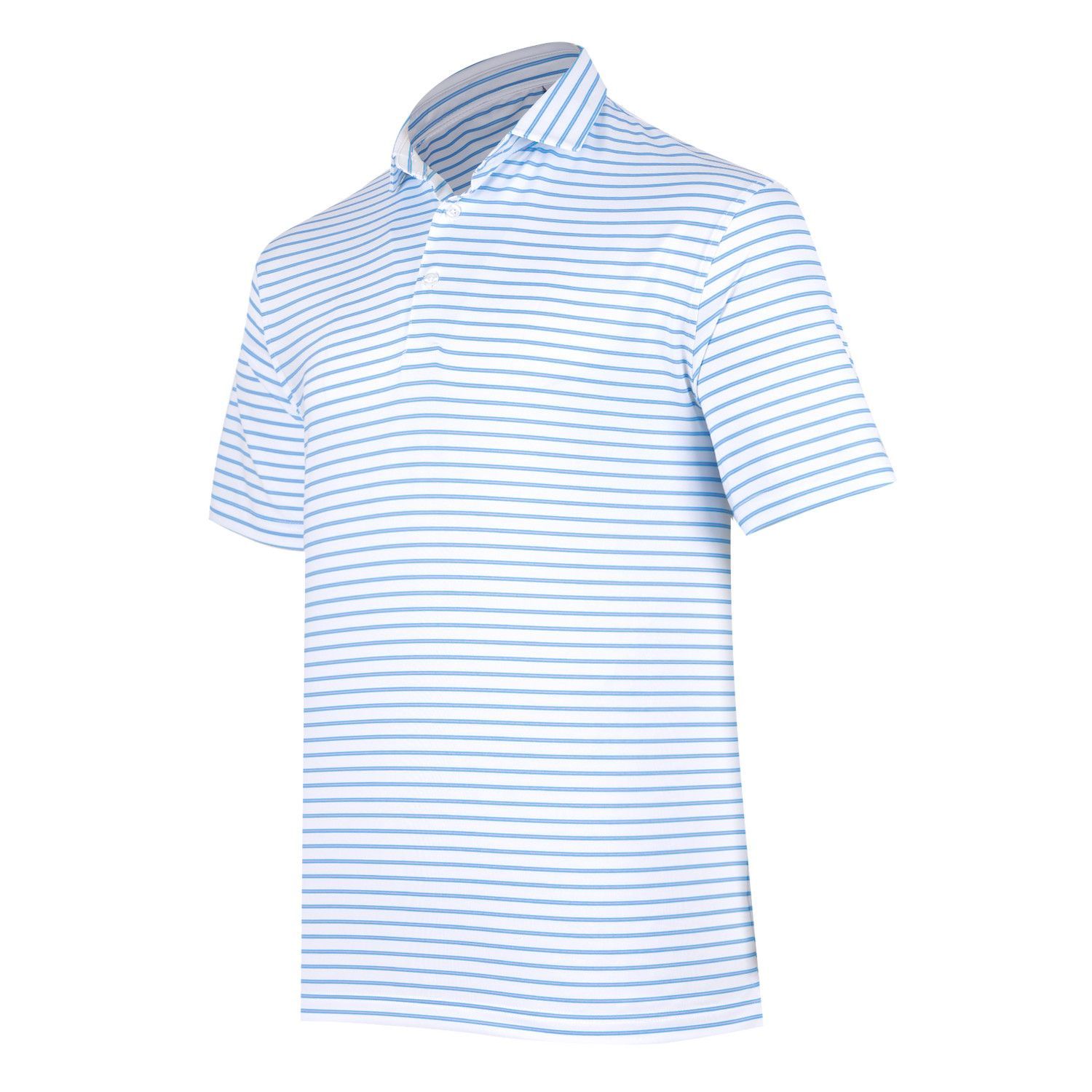A blue and white striped polo shirt with short sleeves on a white background.