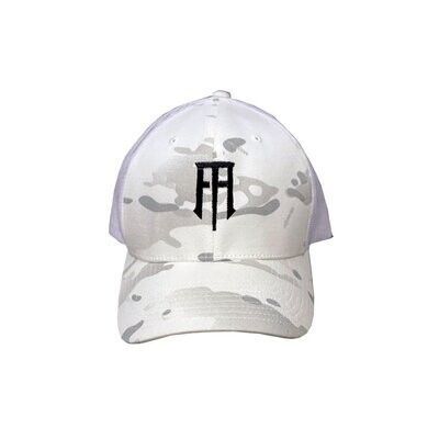 A white baseball cap with a black logo on it