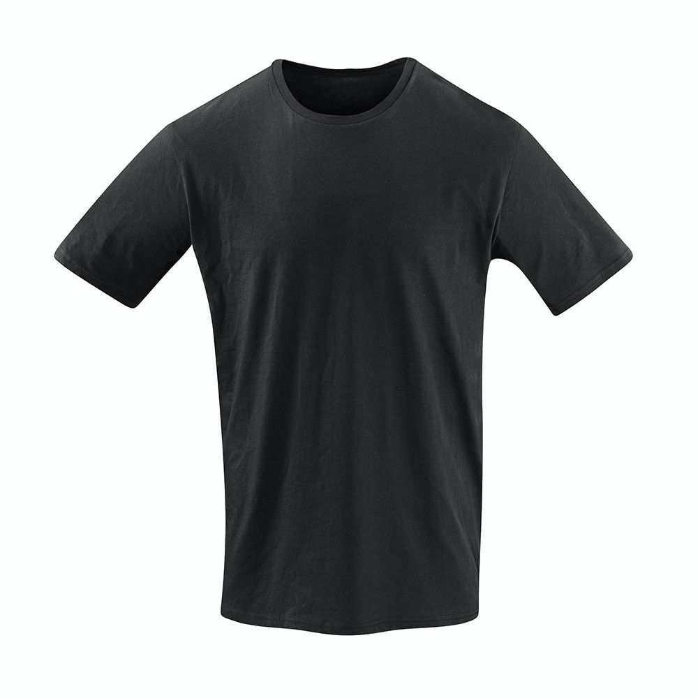 A black t-shirt with short sleeves on a white background