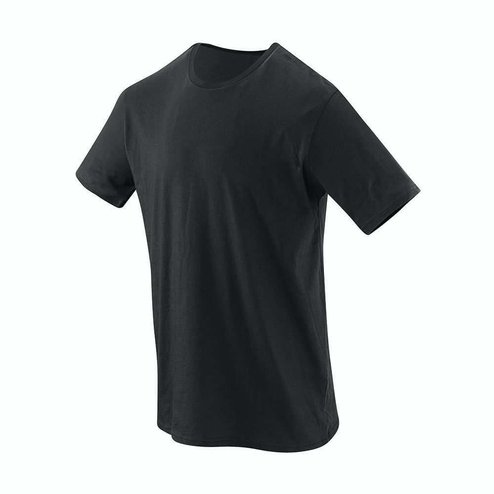 A black t-shirt with short sleeves on a white background