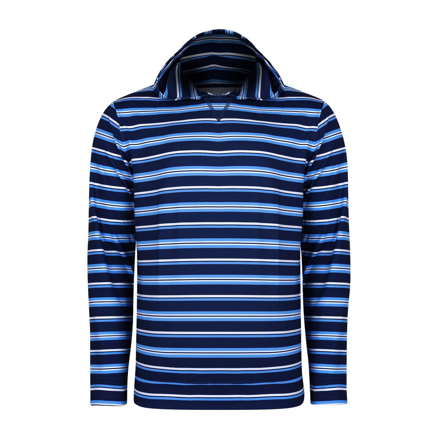 A blue and white striped shirt with a hood