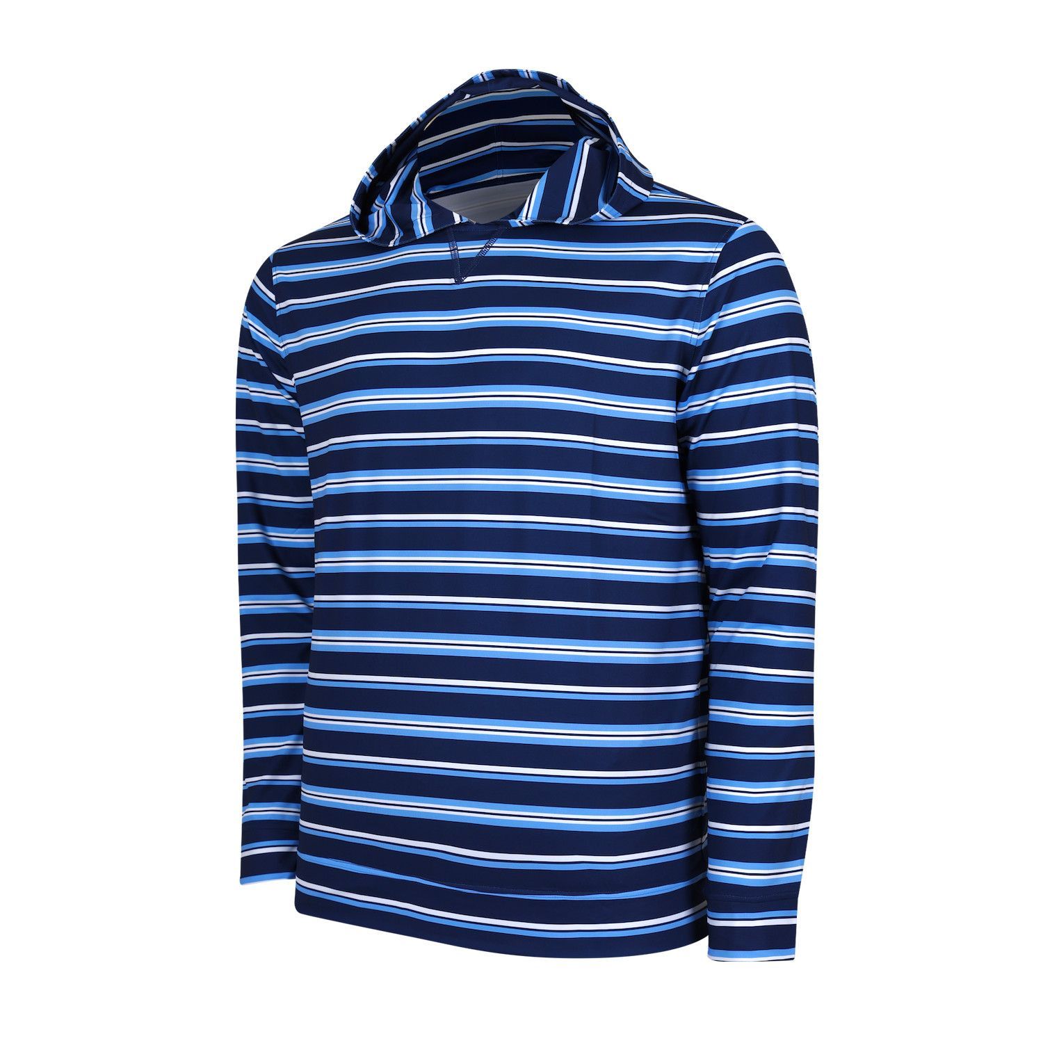 A blue and white striped shirt with a hood