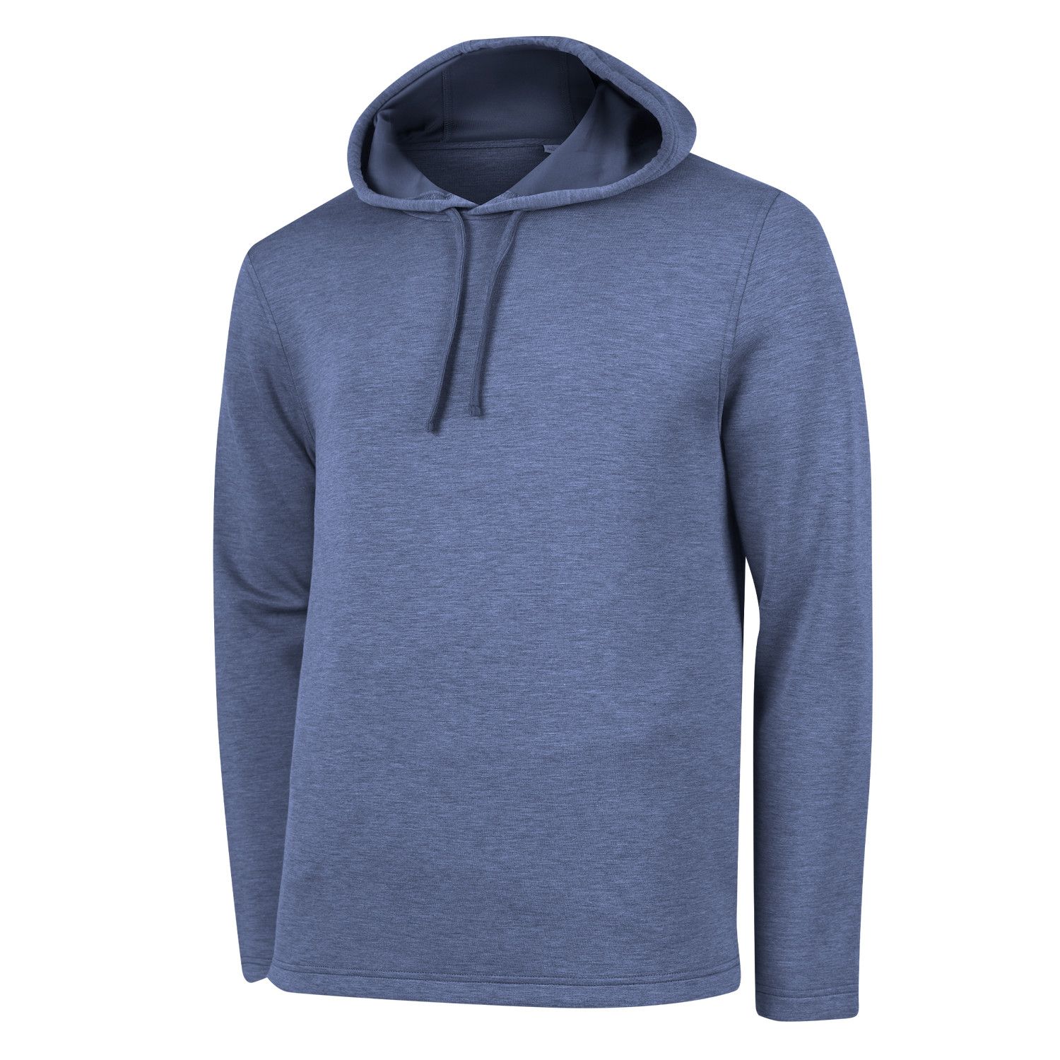 A blue hoodie is shown on a white background