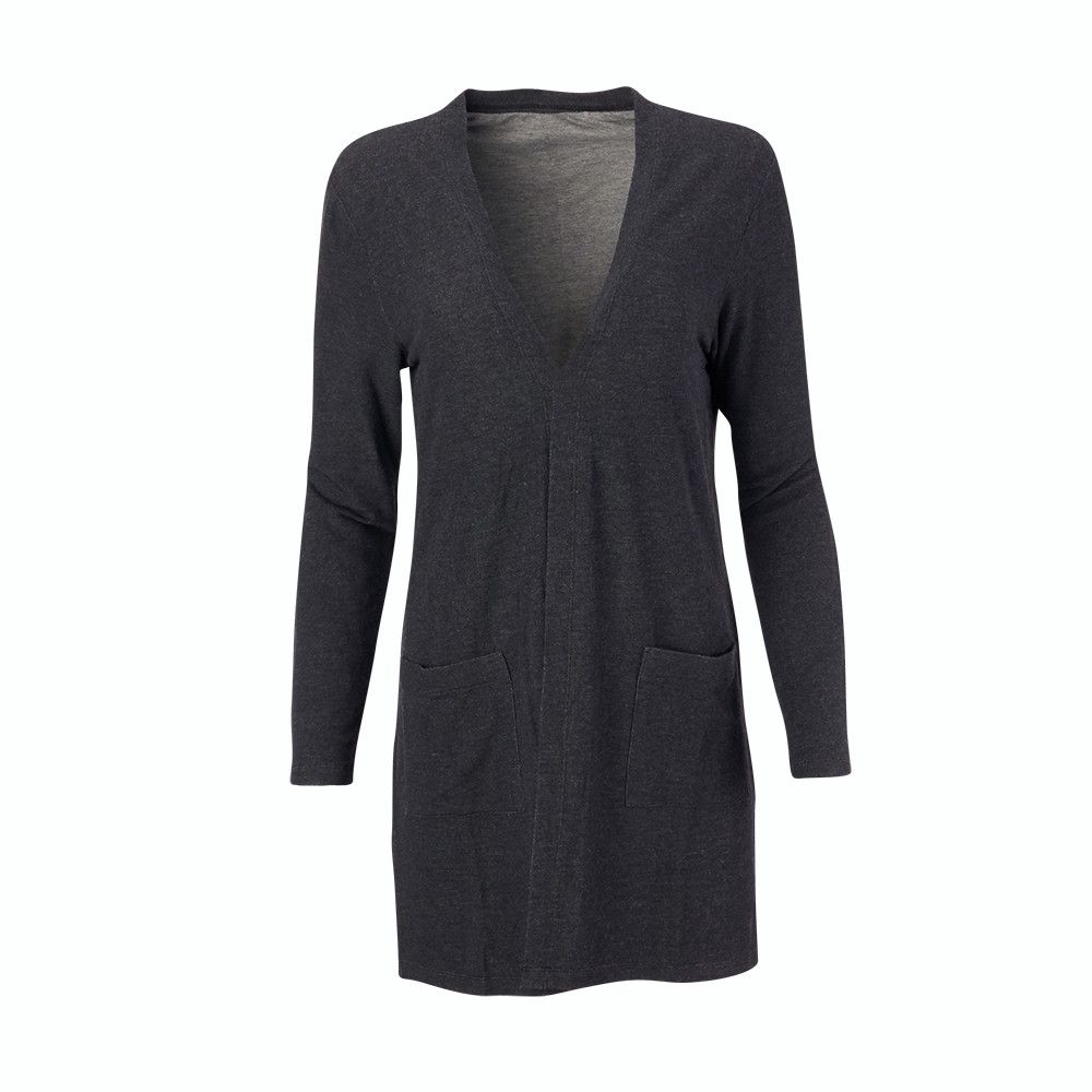 A grey cardigan with long sleeves and pockets