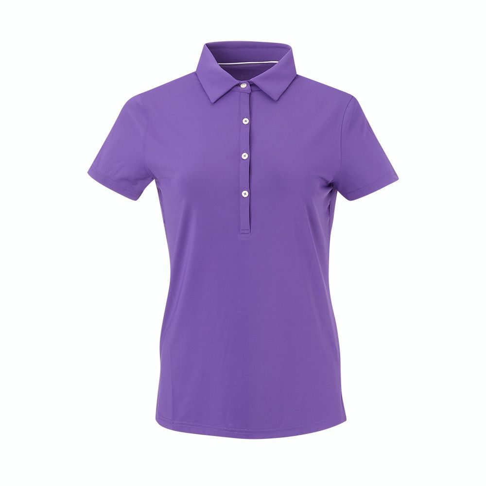 A purple polo shirt with white buttons on a white background