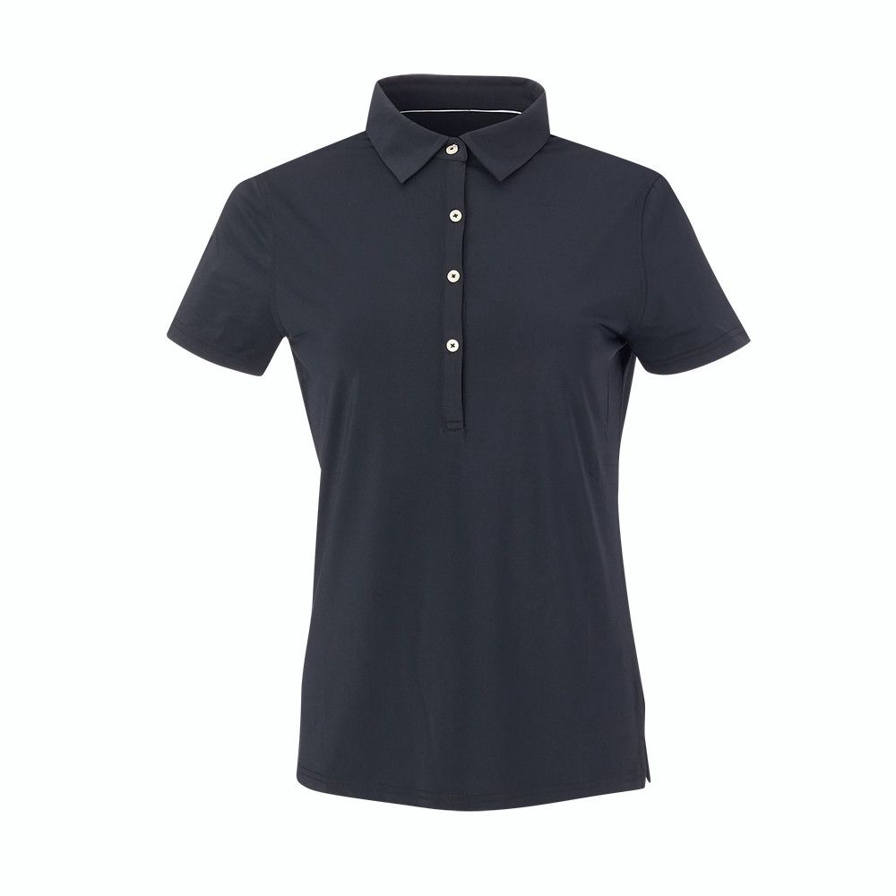 A purple polo shirt with white buttons on a white background