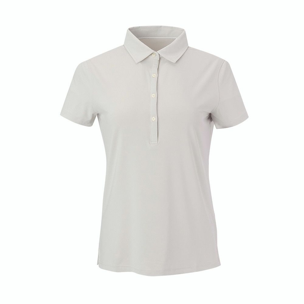 A black polo shirt with short sleeves and buttons on the front