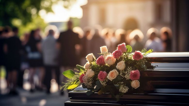 Bouquet of pink and white flowers on a casket at a blurred outdoor funeral gathering