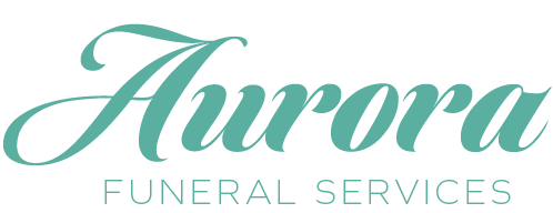 Aurora Funeral Services logo in teal script with gray text on a white background